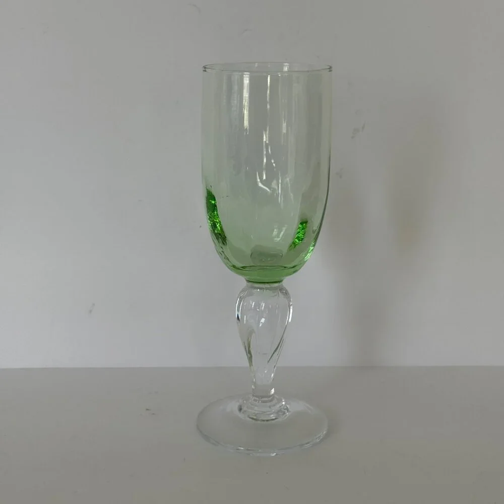 Vintage Green & Clear Glass Wine Goblet With Elegant Stem Design 8.25